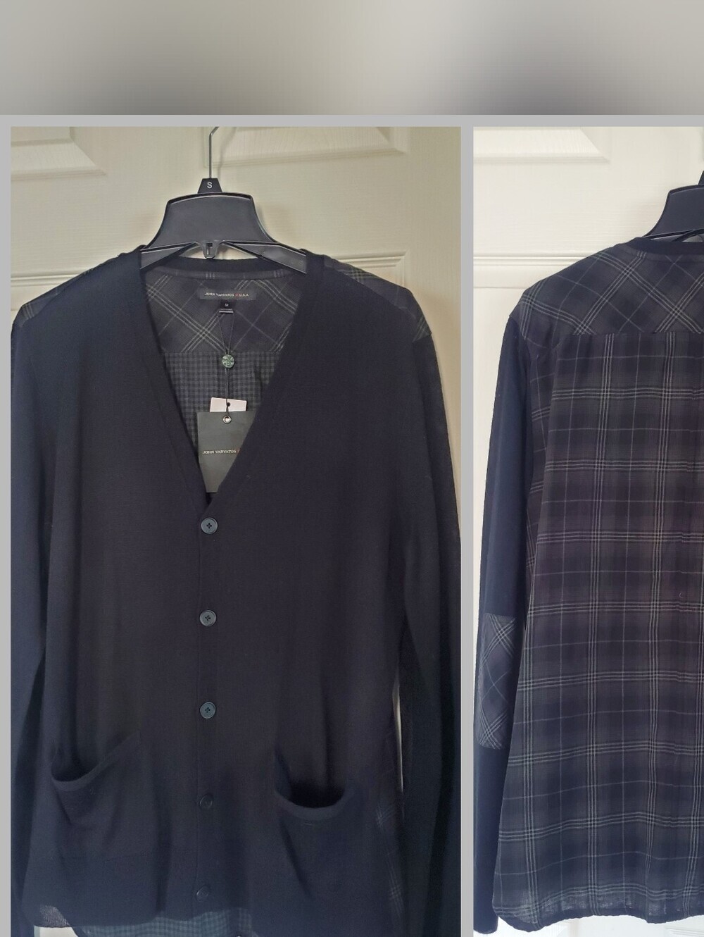 John Varvatos Black Plaid Cardigan Sweater Wool Blend Button Front Elbow Patches